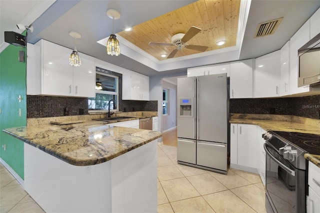 kitchen featuring ceiling fan, hanging light fixtures, appliances with stainless steel finishes, sink, and kitchen peninsula