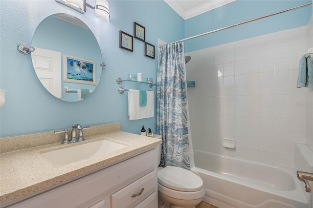 full bathroom featuring shower / bath combination with curtain, ornamental molding, large vanity, and toilet