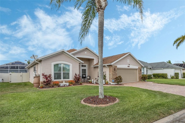 ranch-style home featuring a front lawn and a garage