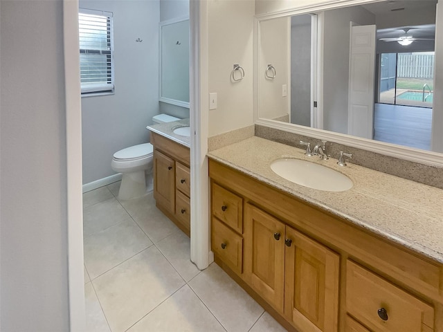 bathroom with tile patterned flooring, ceiling fan, toilet, and vanity