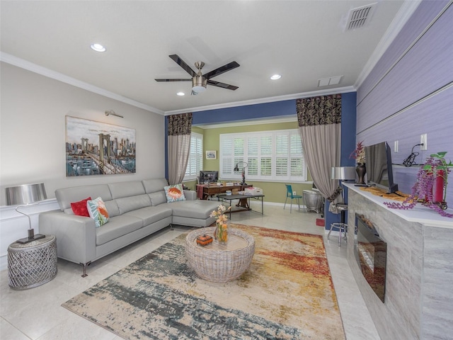 living area featuring visible vents, ceiling fan, light tile patterned flooring, recessed lighting, and ornamental molding