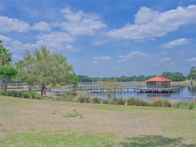 dock area with a lawn and a water view