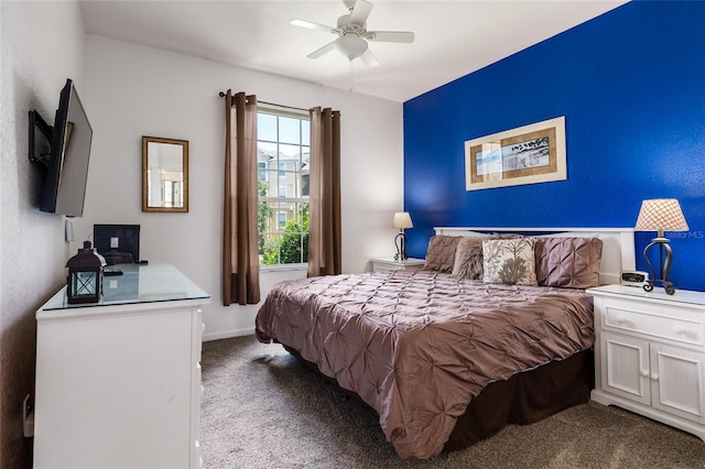 bedroom with light colored carpet and ceiling fan