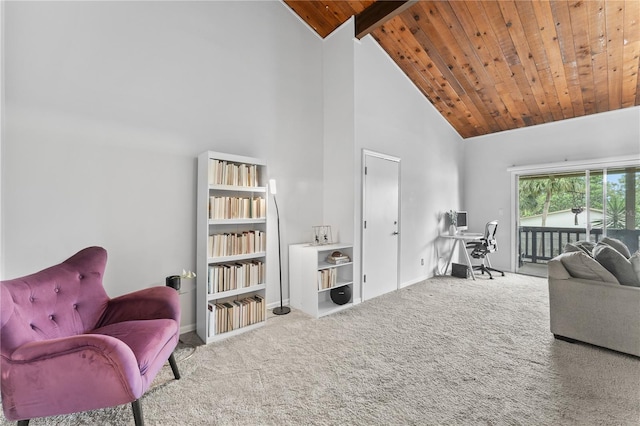 living area featuring high vaulted ceiling, beam ceiling, carpet flooring, and wood ceiling