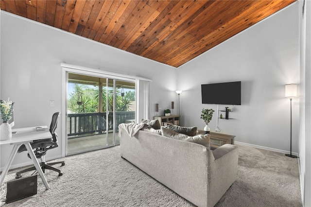 carpeted living room with lofted ceiling and wood ceiling