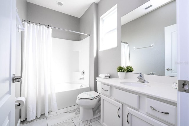 full bathroom featuring tile flooring, shower / bath combination with curtain, toilet, and vanity