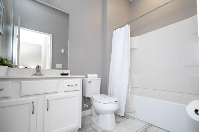 full bathroom with shower / bathtub combination with curtain, tile flooring, vanity, and toilet