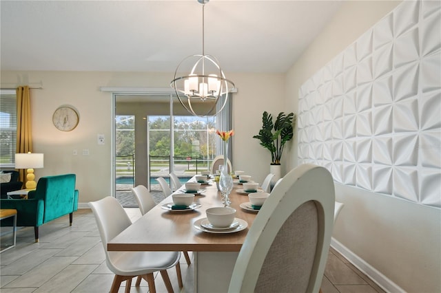 tiled dining area with a notable chandelier