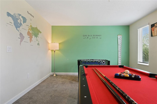 rec room with carpet flooring and billiards