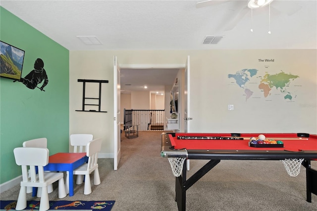 playroom with carpet flooring, ceiling fan, and pool table