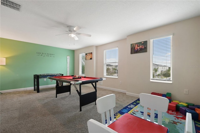 game room with carpet flooring, pool table, plenty of natural light, and ceiling fan