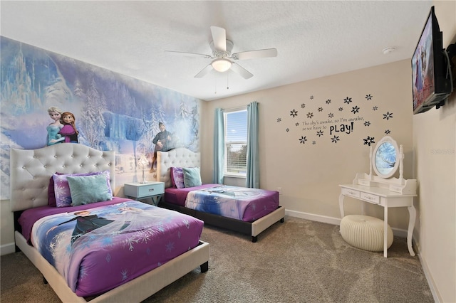 carpeted bedroom with a textured ceiling and ceiling fan