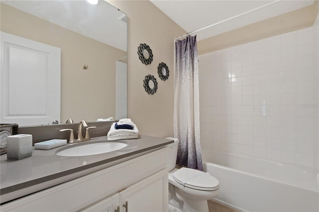 full bathroom with vanity, shower / bathtub combination with curtain, and toilet