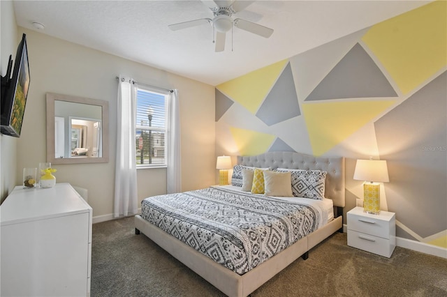 bedroom with dark carpet and ceiling fan