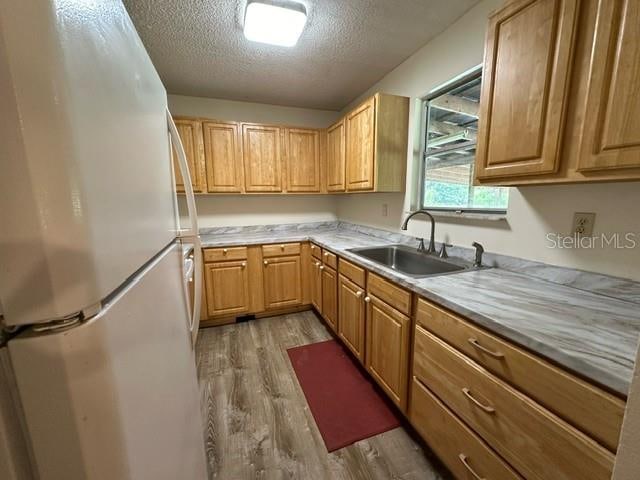 kitchen with a textured ceiling, hardwood / wood-style floors, sink, and white refrigerator