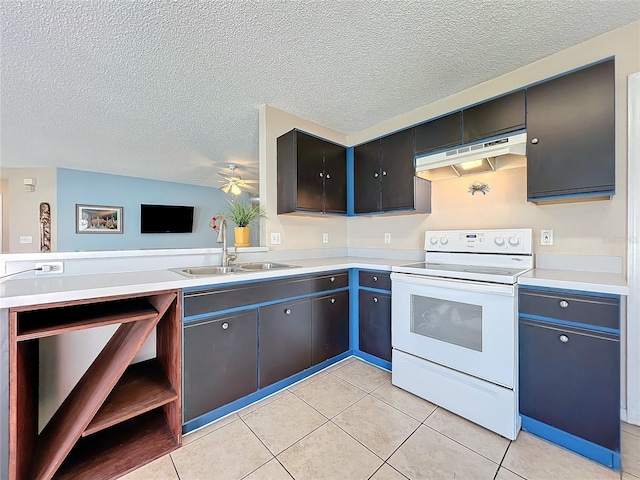 kitchen with light tile patterned flooring, sink, kitchen peninsula, a textured ceiling, and electric stove