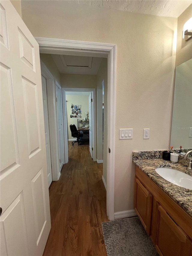 bathroom with hardwood / wood-style flooring and vanity