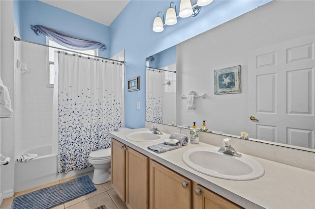 full bathroom with tile flooring, double sink, shower / bathtub combination with curtain, toilet, and large vanity