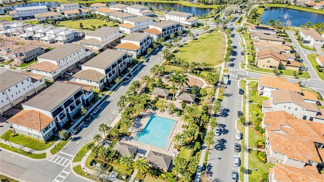 drone / aerial view featuring a water view