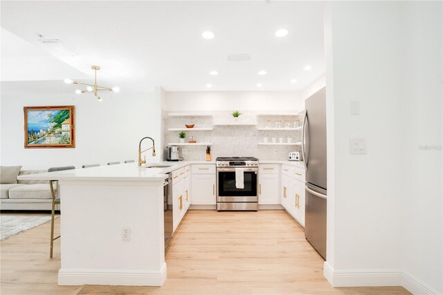 kitchen featuring appliances with stainless steel finishes, a kitchen bar, sink, white cabinets, and kitchen peninsula