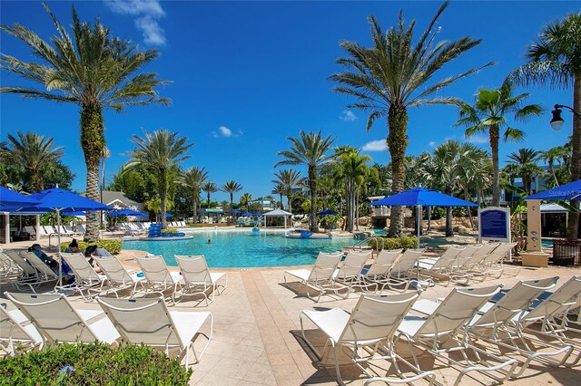 view of swimming pool with a patio area