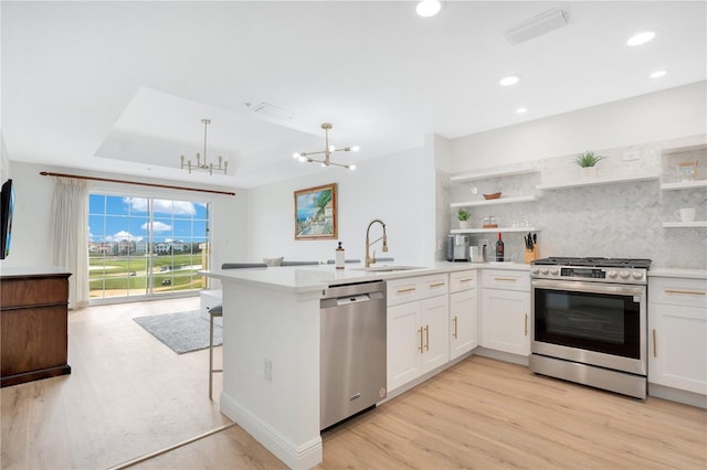 kitchen with stainless steel appliances, white cabinetry, sink, kitchen peninsula, and light hardwood / wood-style flooring