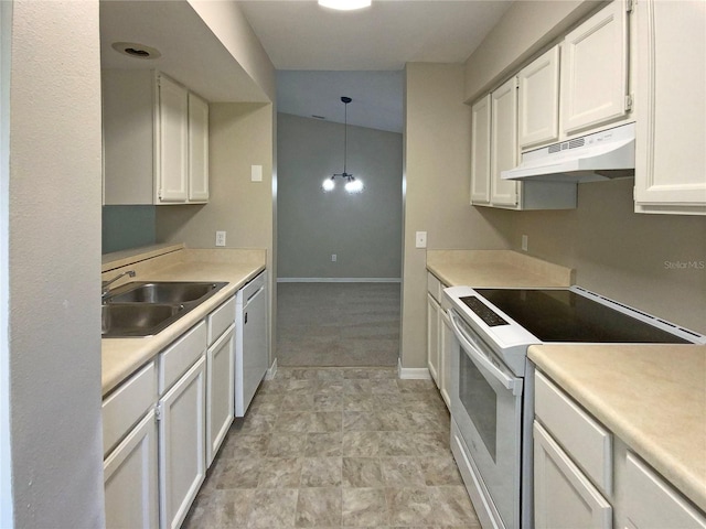 kitchen featuring range with electric cooktop, vaulted ceiling, light tile floors, sink, and white cabinetry