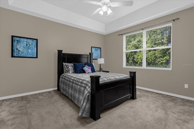 carpeted bedroom featuring a raised ceiling and ceiling fan