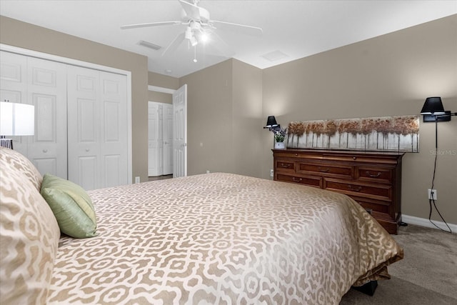 carpeted bedroom featuring a closet and ceiling fan