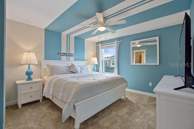 carpeted bedroom with ceiling fan