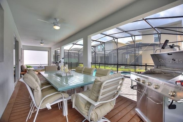 deck featuring an outdoor living space and ceiling fan