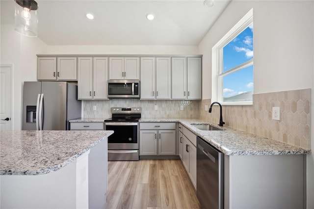 kitchen featuring appliances with stainless steel finishes, tasteful backsplash, sink, gray cabinetry, and light hardwood / wood-style floors