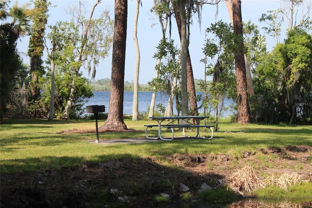 view of home's community featuring a water view and a yard