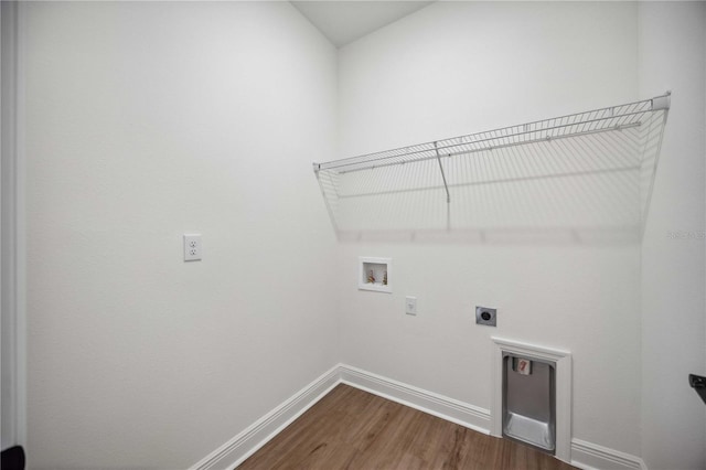 washroom with hardwood / wood-style flooring, electric dryer hookup, and washer hookup