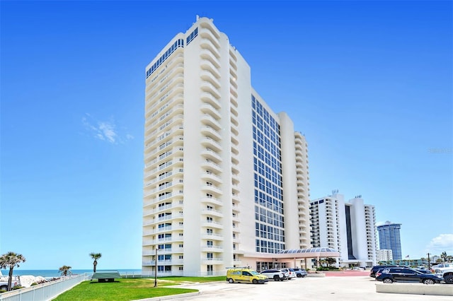 view of building exterior featuring a water view