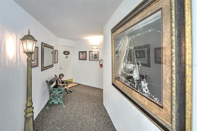 corridor with dark colored carpet