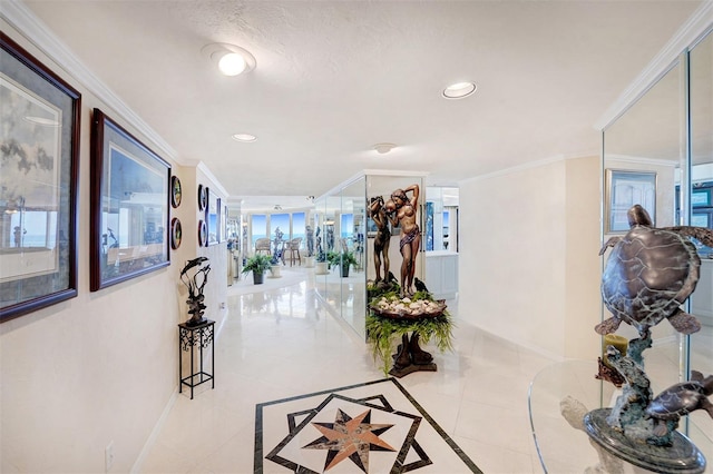 corridor with tile flooring and ornamental molding