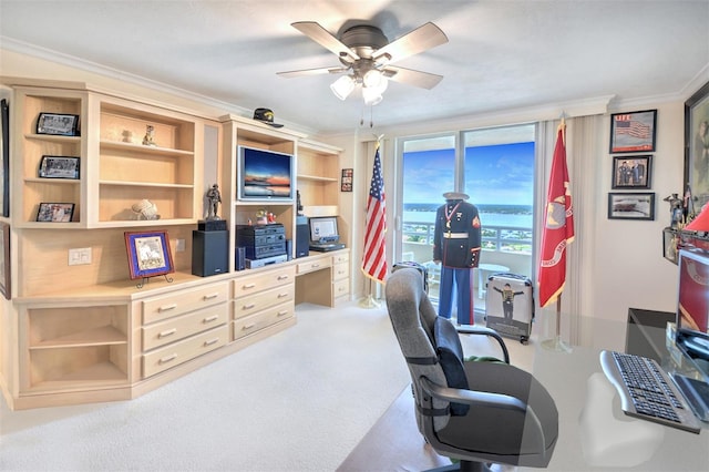 office space featuring ornamental molding, carpet, and ceiling fan