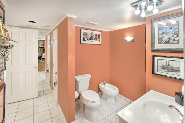 bathroom featuring a bidet, toilet, tile floors, and crown molding