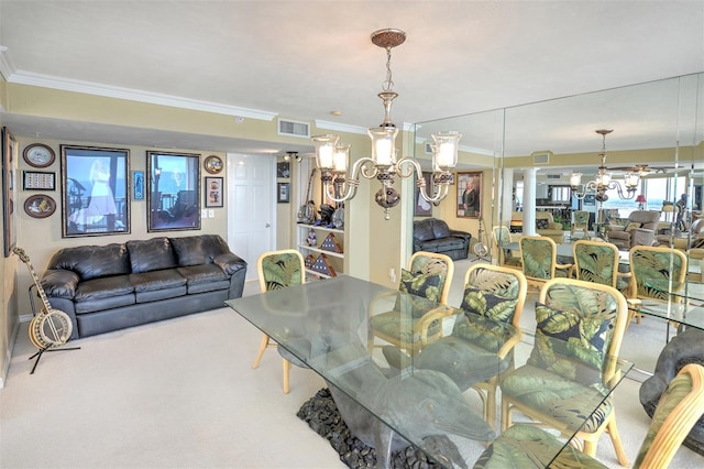 dining space featuring a notable chandelier, ornamental molding, and carpet