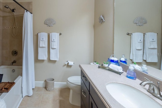 full bathroom featuring vanity, shower / bath combo, tile patterned floors, and toilet