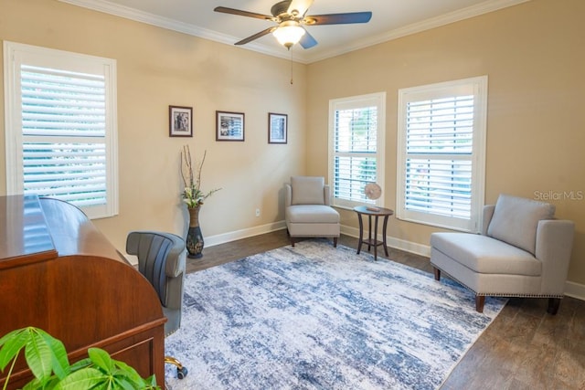 home office featuring ceiling fan, ornamental molding, and hardwood / wood-style flooring