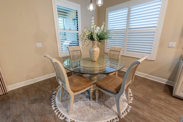 dining area featuring dark wood-type flooring
