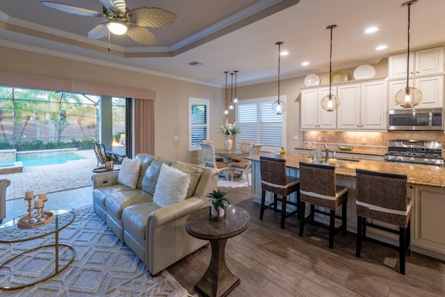 living room with a wealth of natural light, ceiling fan, a raised ceiling, and ornamental molding