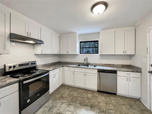 kitchen featuring white cabinets, backsplash, sink, and stainless steel appliances