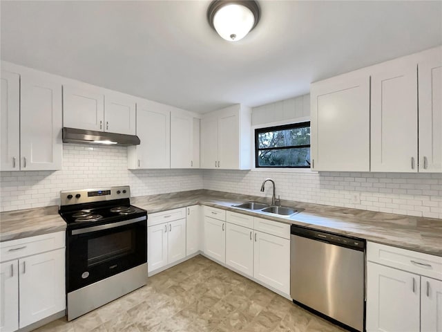 kitchen featuring tasteful backsplash, white cabinetry, sink, and stainless steel appliances