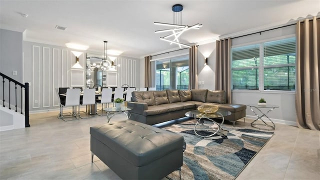 tiled living room with a chandelier