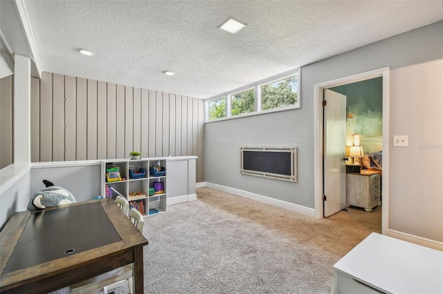 carpeted office with a textured ceiling