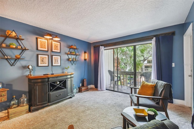 sitting room featuring a textured ceiling and carpet floors