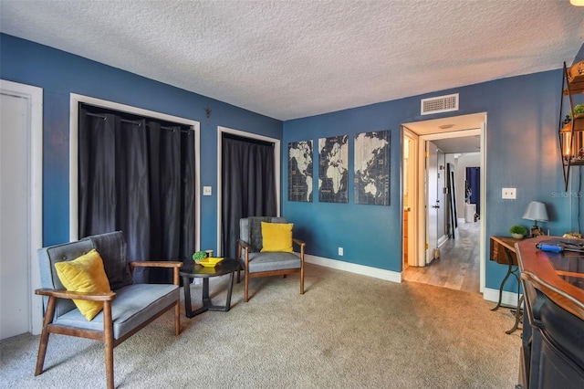 living area featuring a textured ceiling and carpet floors